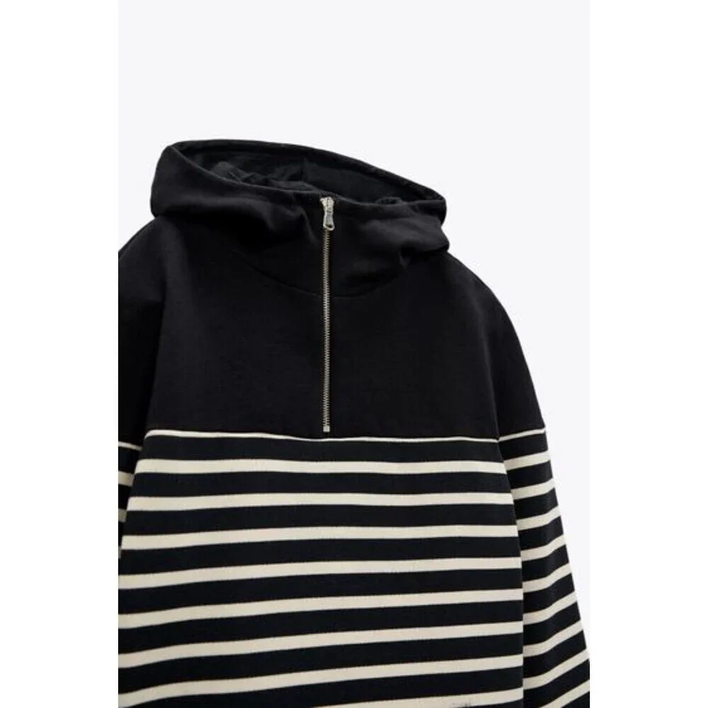 Navy Blue White Striped Zara Half Zip Long Sleeve Hoodie Sweatshirt (NWT) - Picture 7 of 9